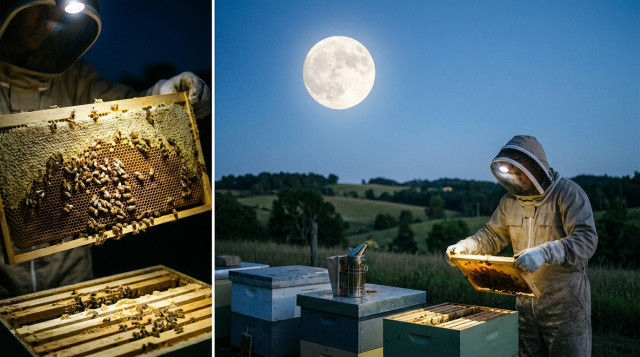 Abejas en el panal durante la luna llena para producción de miel.